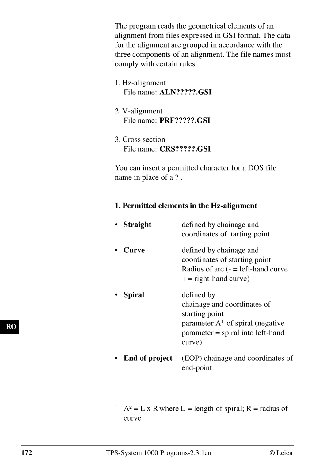 Leica 1000Z01 user manual File name ALN?????.GSI, File name PRF?????.GSI, File name CRS?????.GSI, Curve, Spiral 