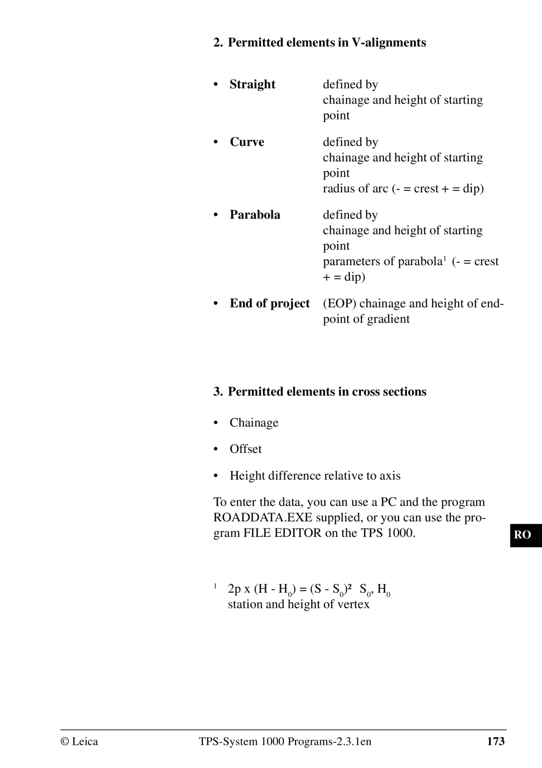 Leica 1000Z01 user manual Permitted elements in V-alignments Straight, Parabola, Permitted elements in cross sections 