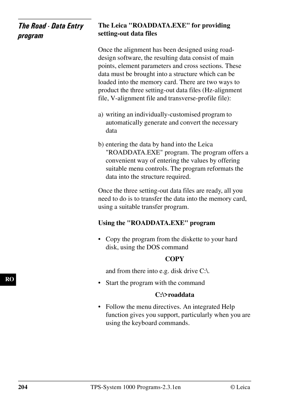 Leica 1000Z01 user manual Road Data Entry program, Leica ROADDATA.EXE for providing setting-out data files, roaddata 