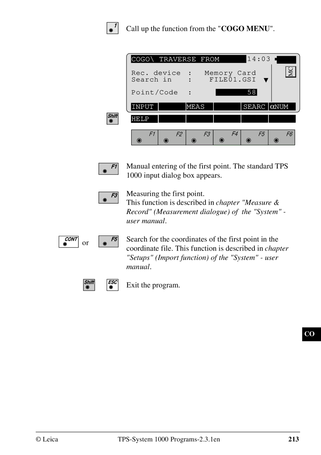 Leica 1000Z01 user manual Call up the function from the Cogo Menu 