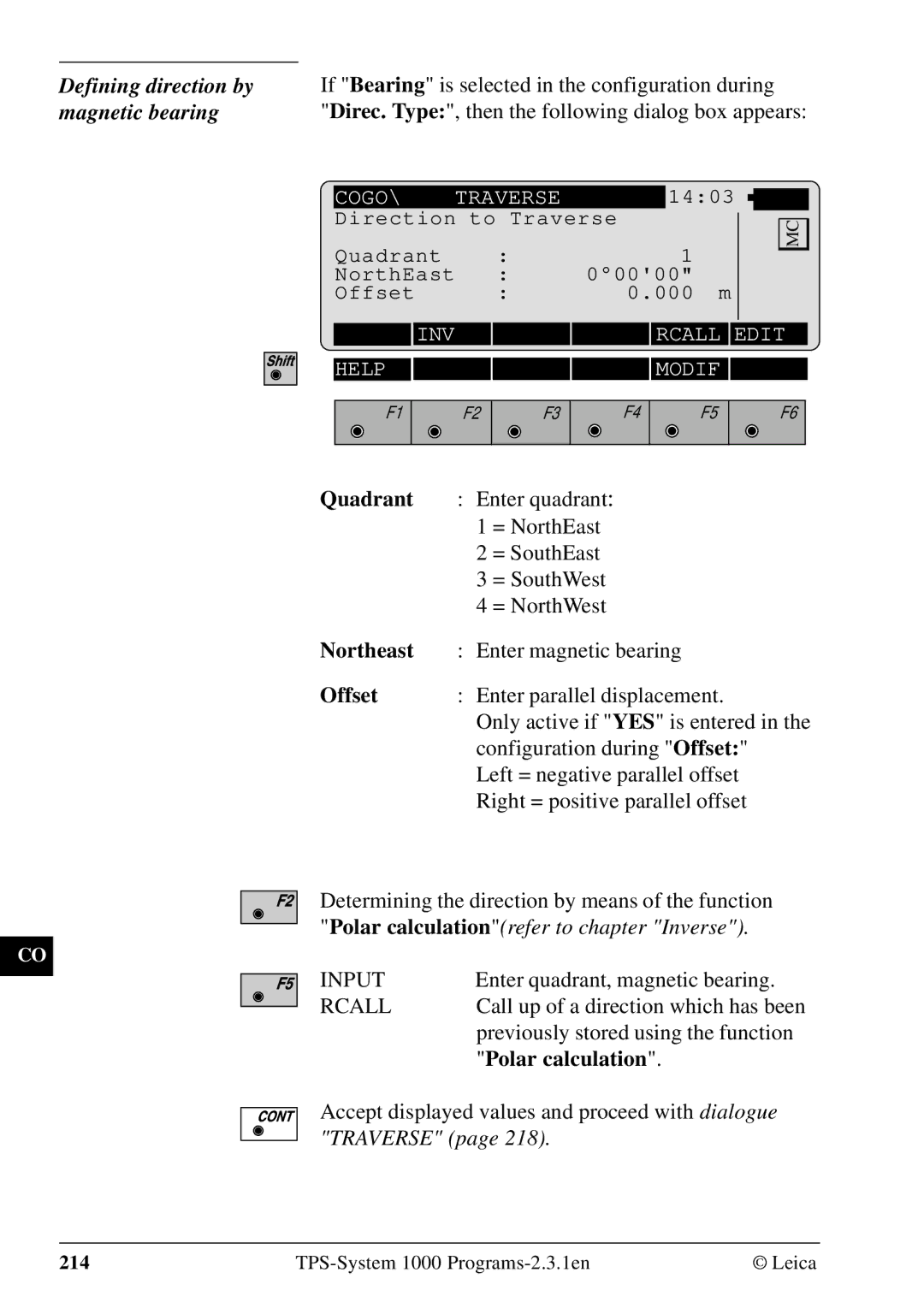 Leica 1000Z01 user manual Defining direction by magnetic bearing, Quadrant, Northeast, Polar calculation 