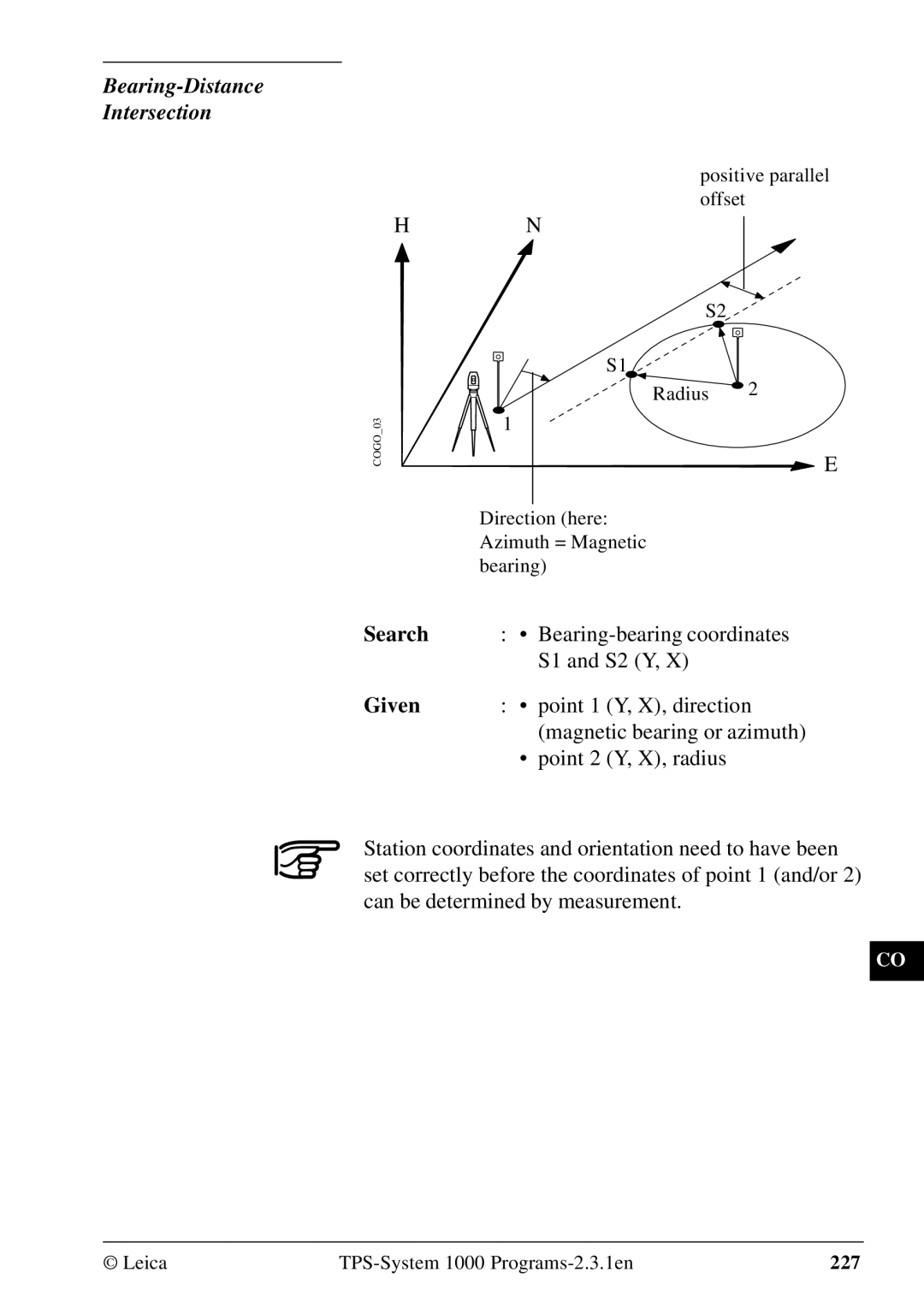 Leica 1000Z01 user manual Bearing-Distance Intersection, Search, Bearing-bearing coordinates, S1 and S2 Y 