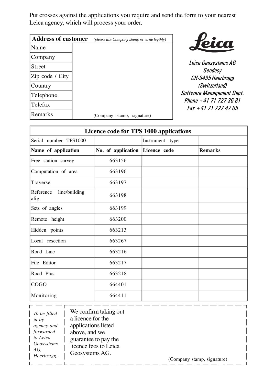 Leica 1000Z01 user manual Licence code for TPS 1000 applications, No. of application Licence code Remarks 