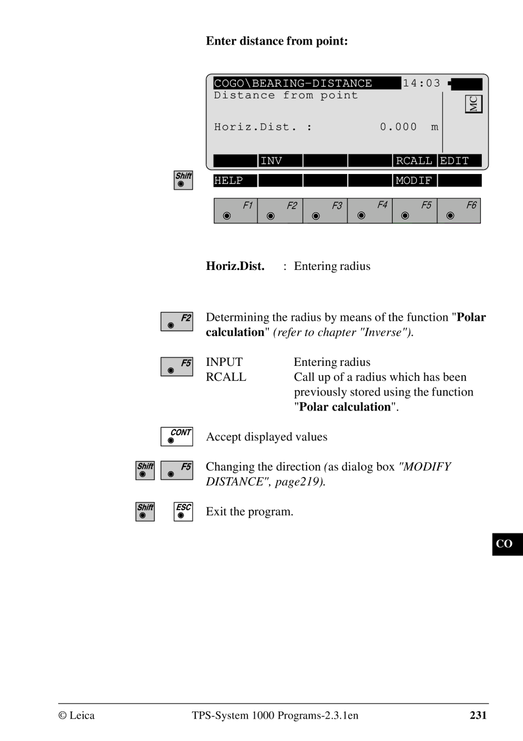 Leica 1000Z01 user manual Enter distance from point, Entering radius, Call up of a radius which has been 