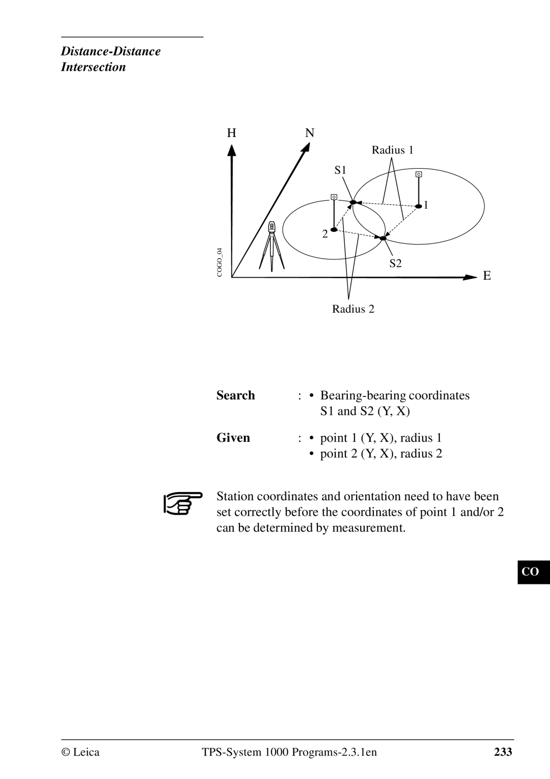 Leica 1000Z01 user manual Distance-Distance Intersection, Point 1 Y, X, radius, Point 2 Y, X, radius 