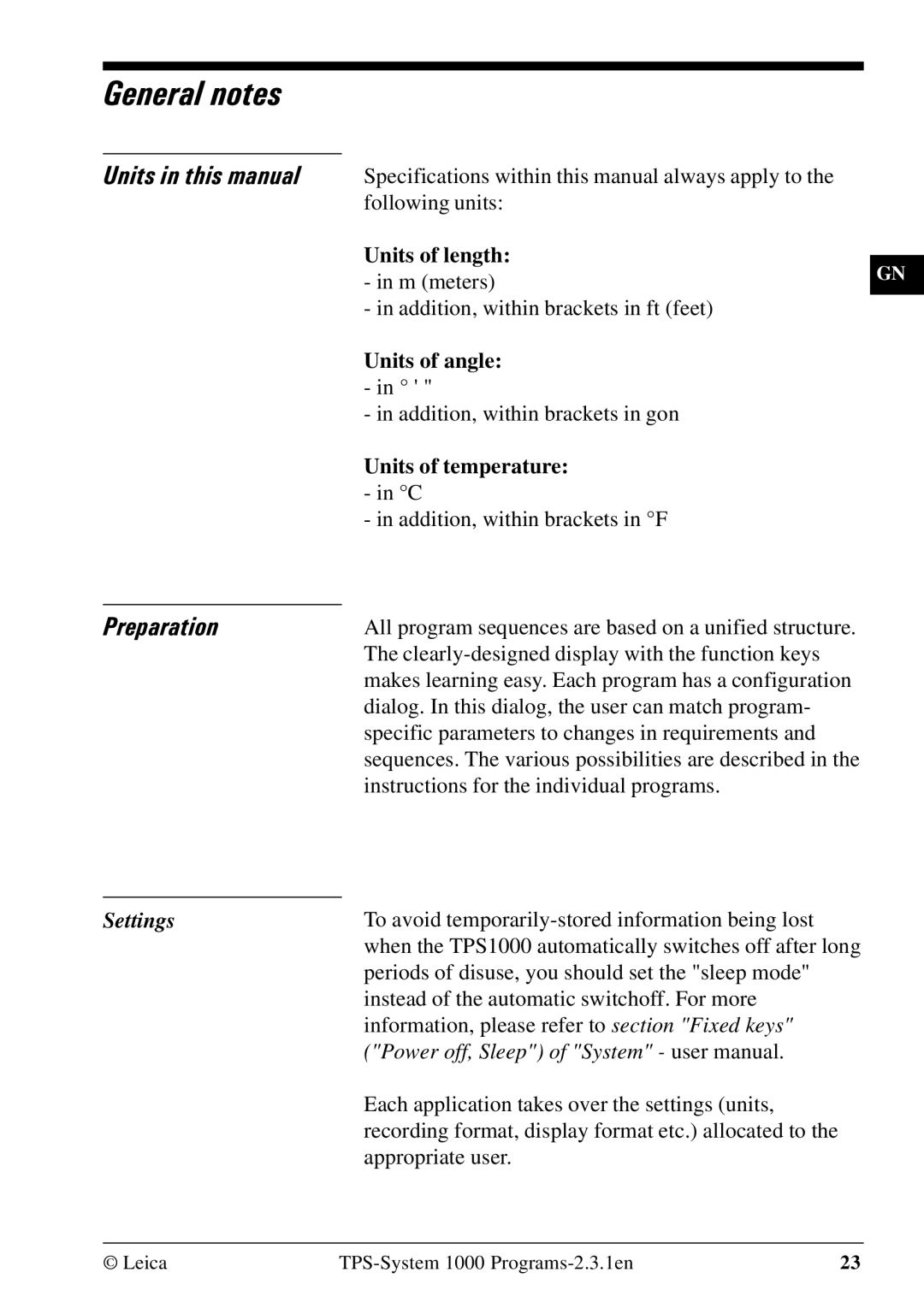 Leica 1000Z01 user manual General notes, Units in this manual Preparation, Settings 