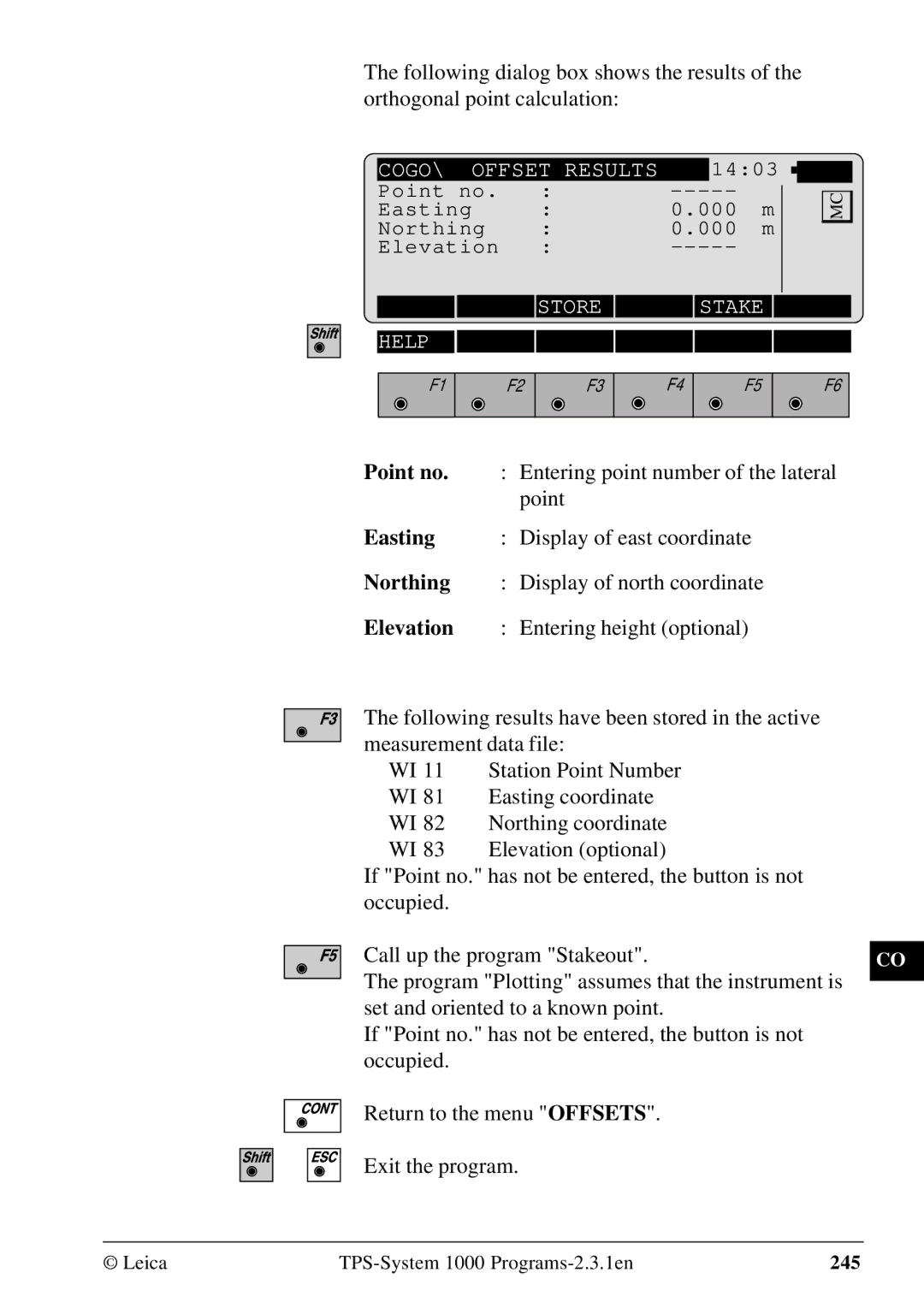 Leica 1000Z01 user manual Entering point number of the lateral, Display of east coordinate, Display of north coordinate 