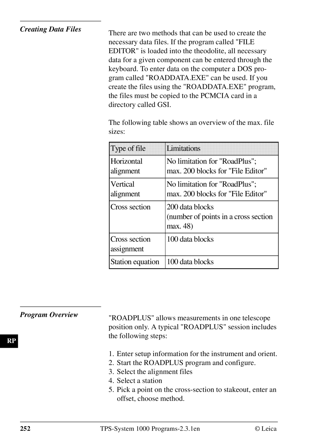 Leica 1000Z01 user manual Creating Data Files Program Overview, Number of points in a cross section 