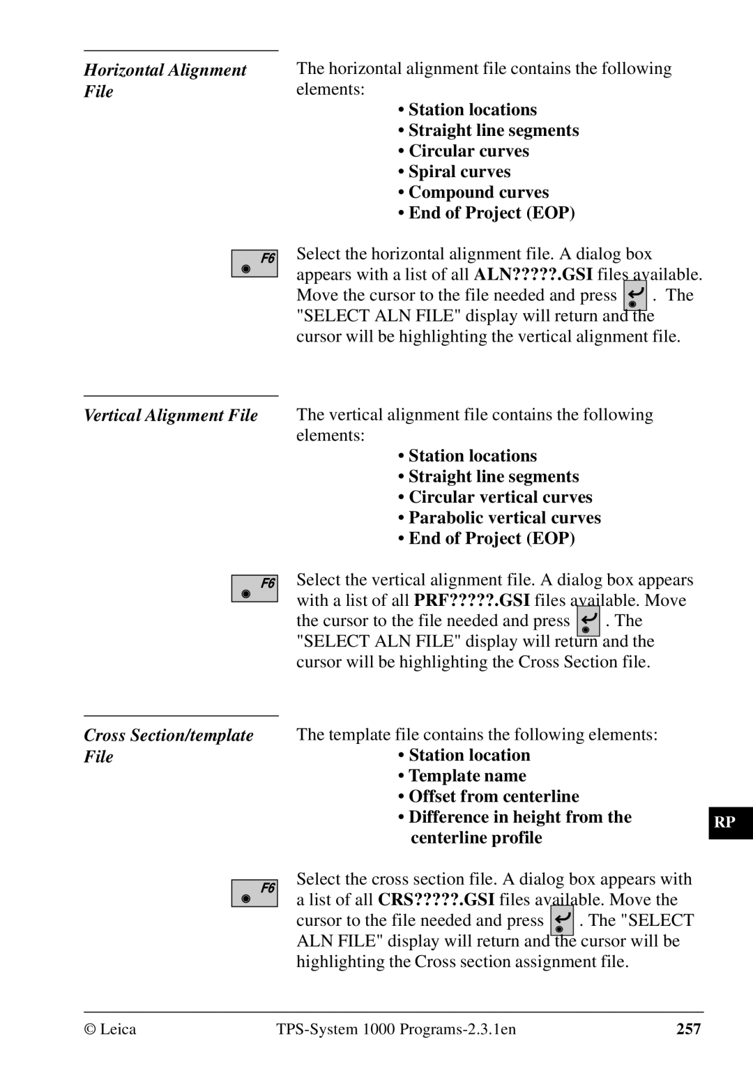 Leica 1000Z01 user manual Horizontal alignment file contains the following elements 