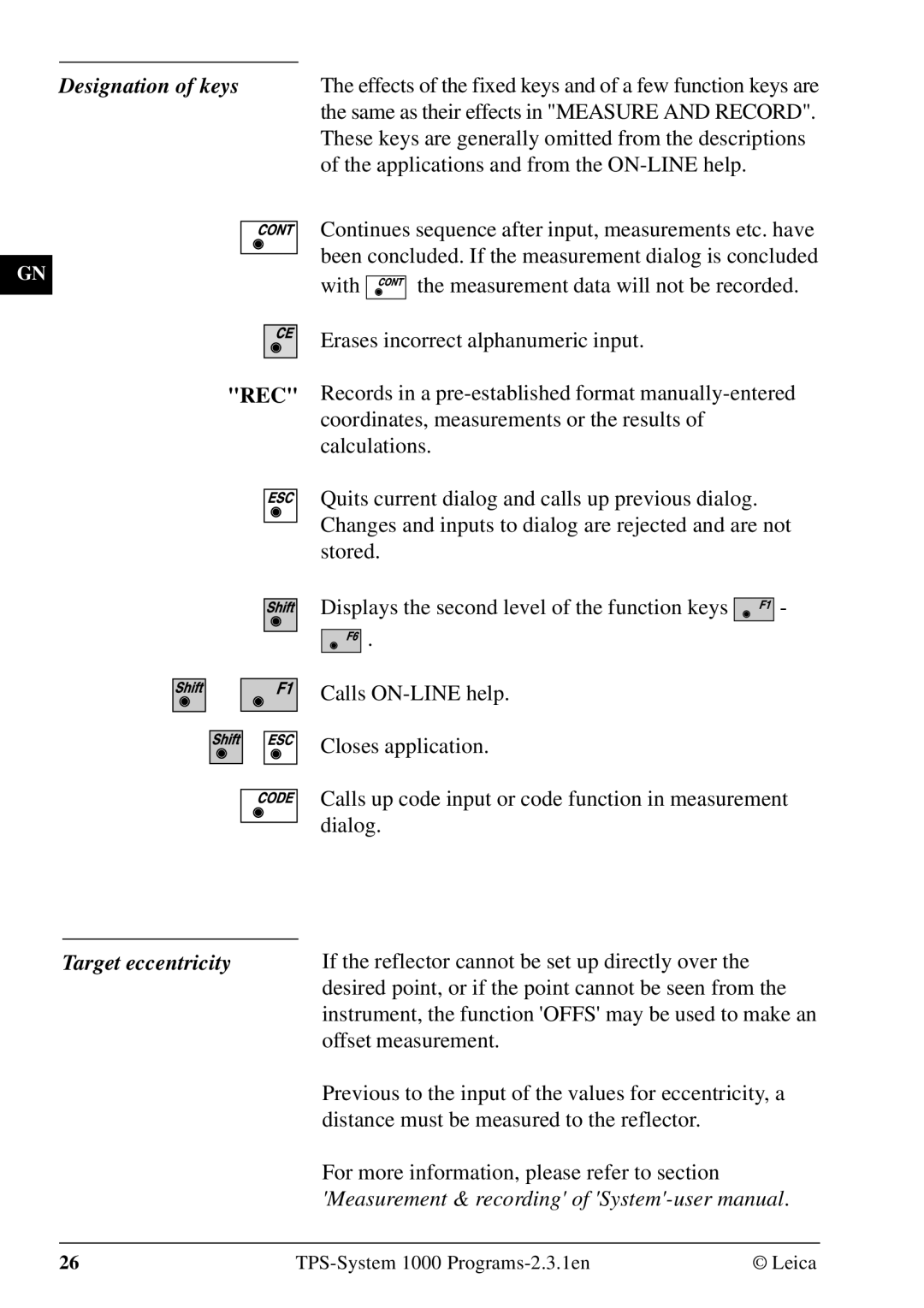 Leica 1000Z01 user manual Designation of keys, Target eccentricity 