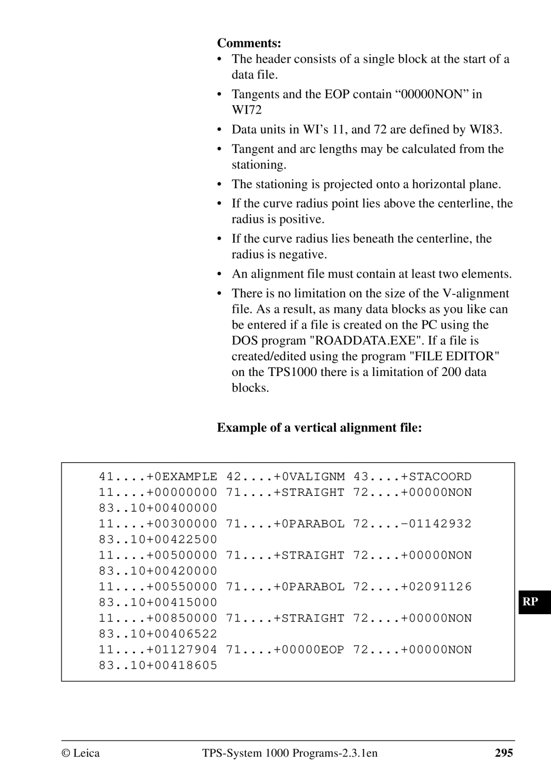 Leica 1000Z01 user manual Comments, Example of a vertical alignment file 