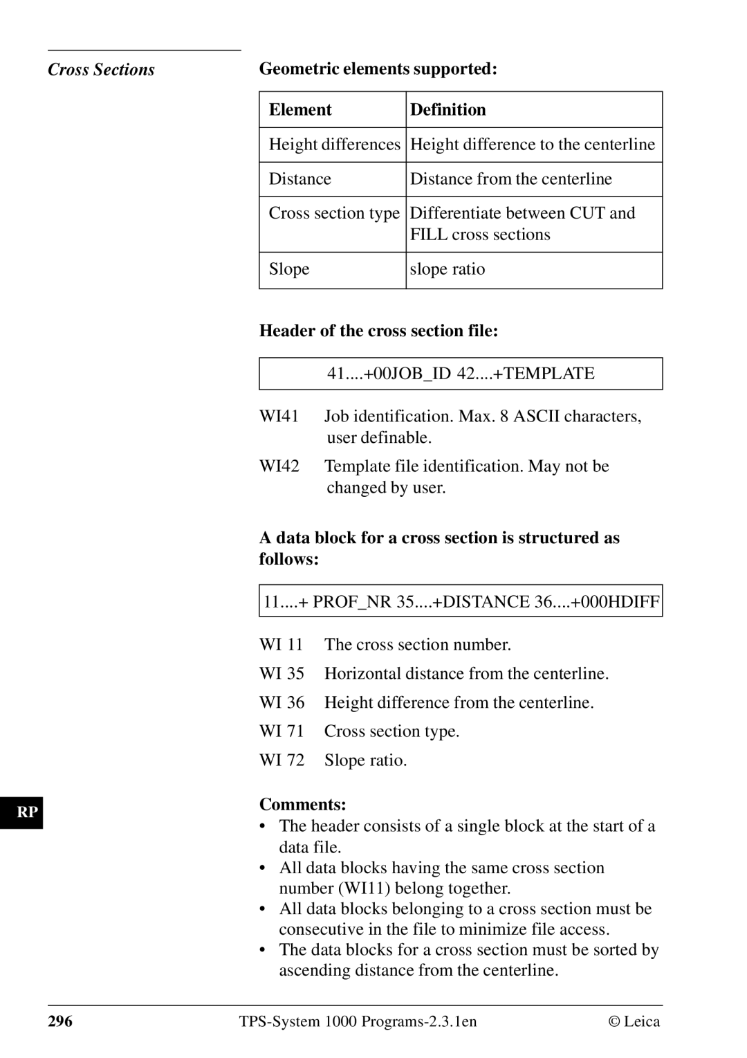 Leica 1000Z01 Cross Sections, Geometric elements supported, Element Definition, Header of the cross section file 