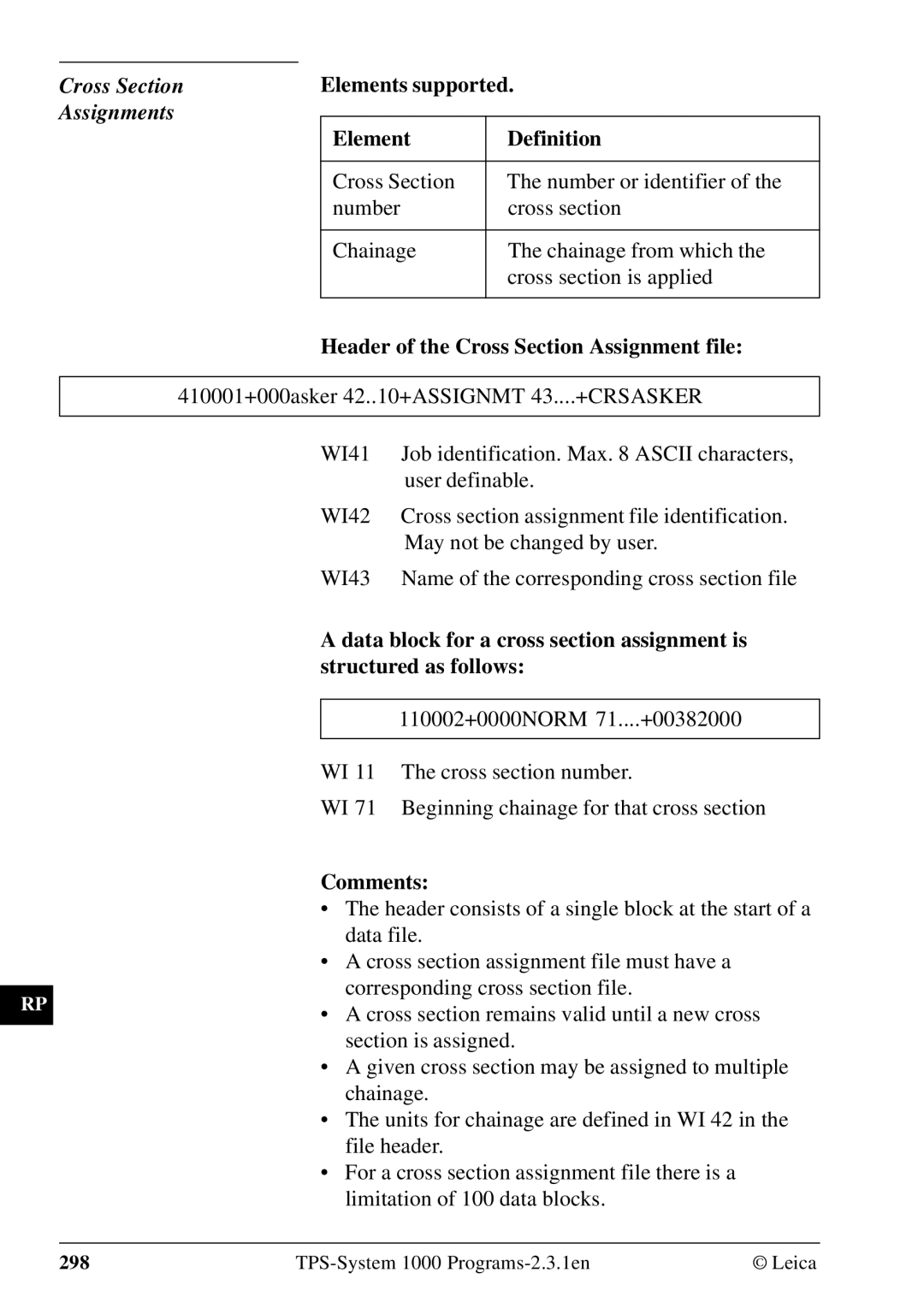 Leica 1000Z01 Cross Section Assignments, Elements supported Definition, Header of the Cross Section Assignment file 