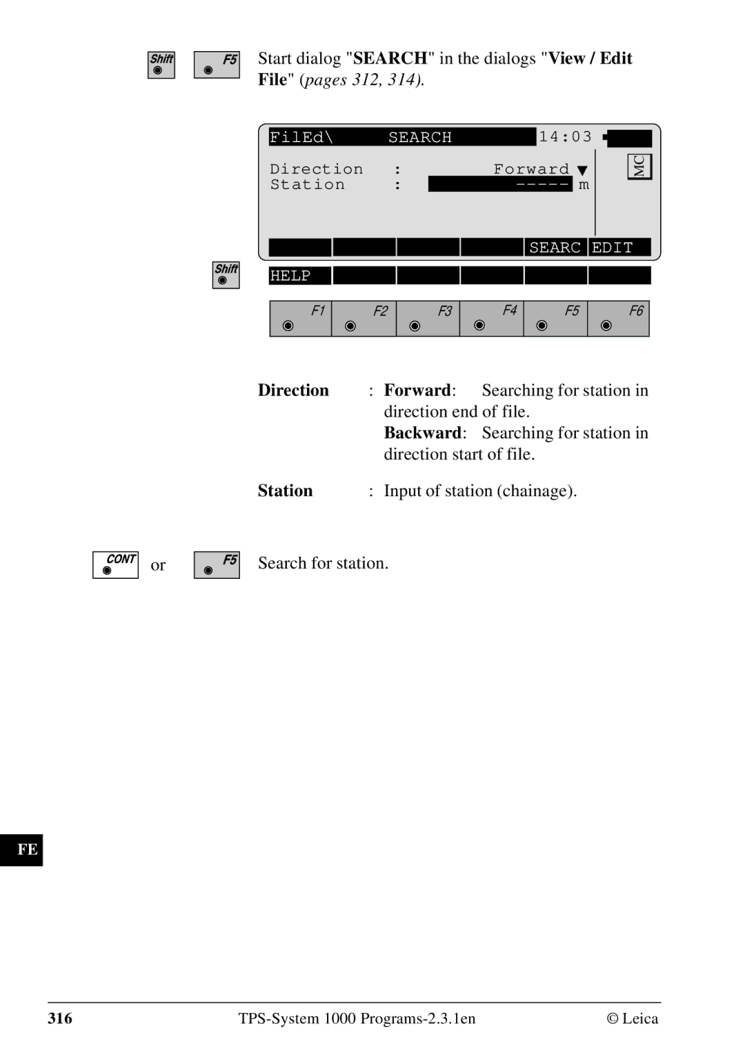 Leica 1000Z01 user manual Start dialog Search in the dialogs View / Edit, Direction Forward, Searching for station 