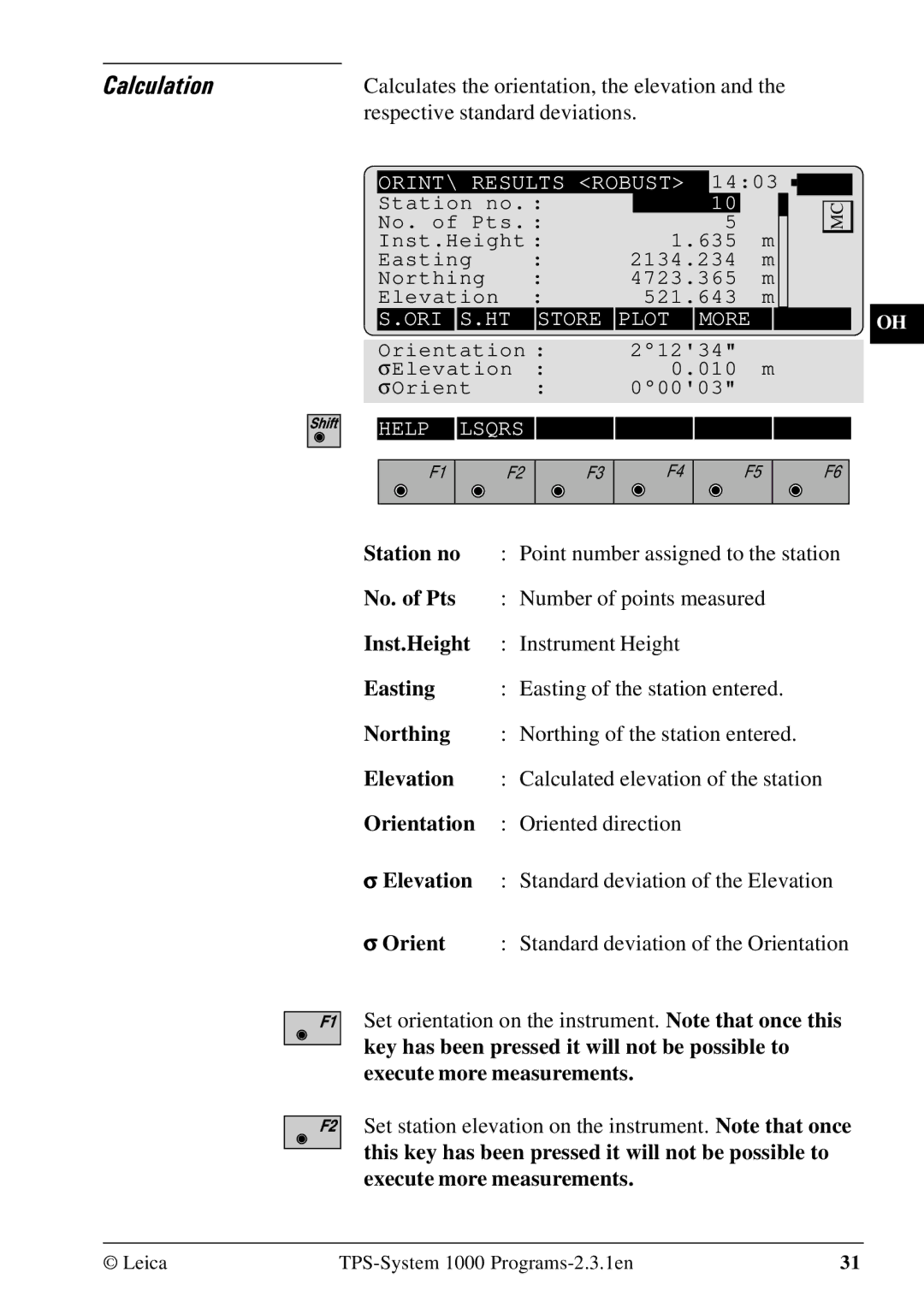 Leica 1000Z01 user manual Calculation, Calculates the orientation, the elevation, Respective standard deviations 