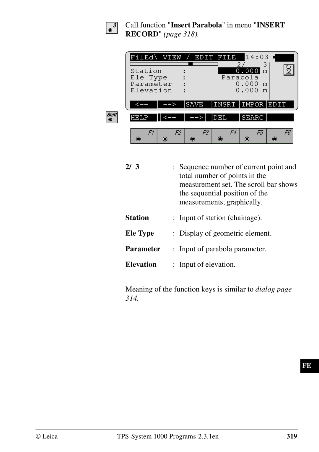 Leica 1000Z01 Call function Insert Parabola in menu Insert, Parameter, Input of parabola parameter, Input of elevation 