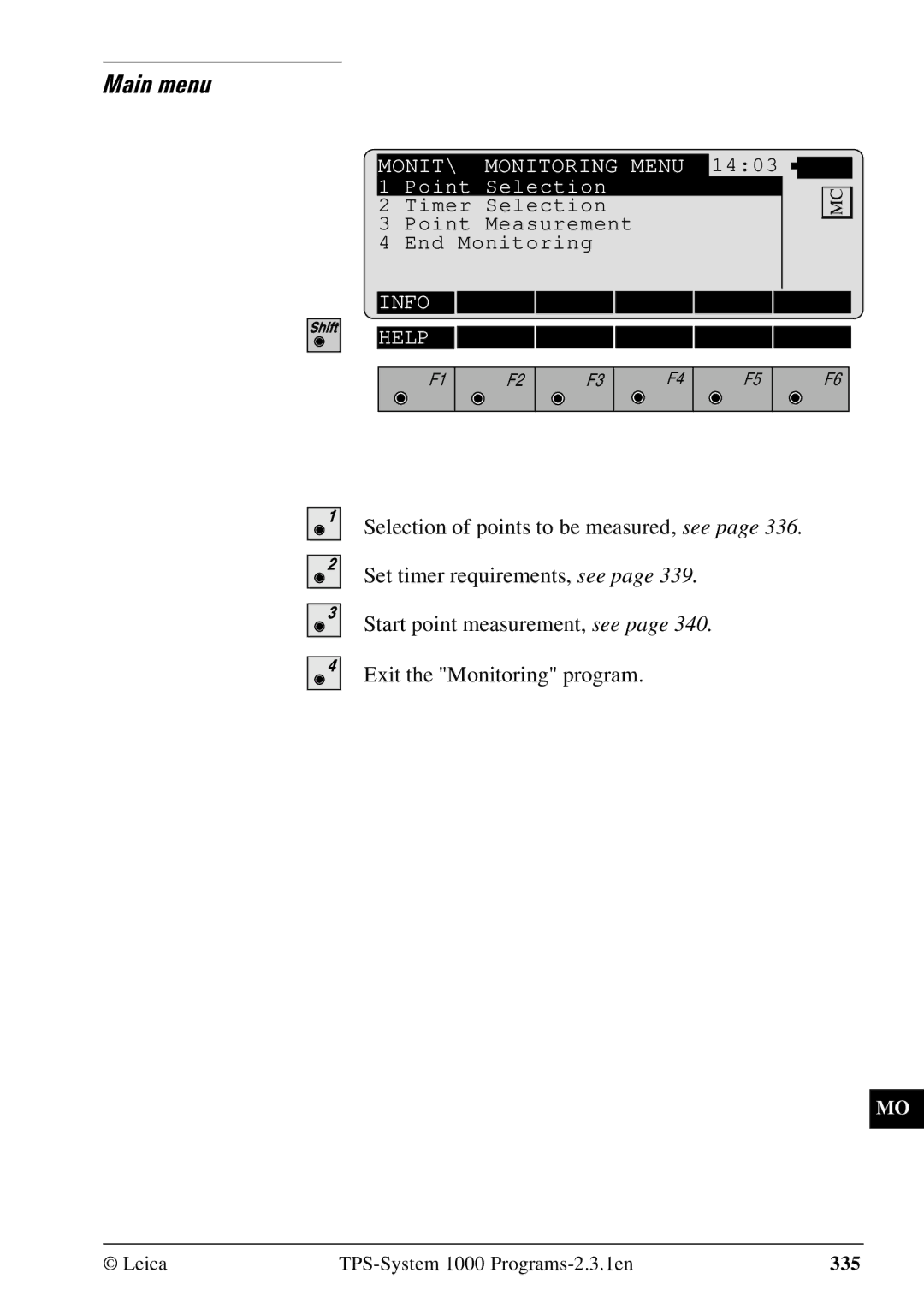 Leica 1000Z01 user manual Main menu 