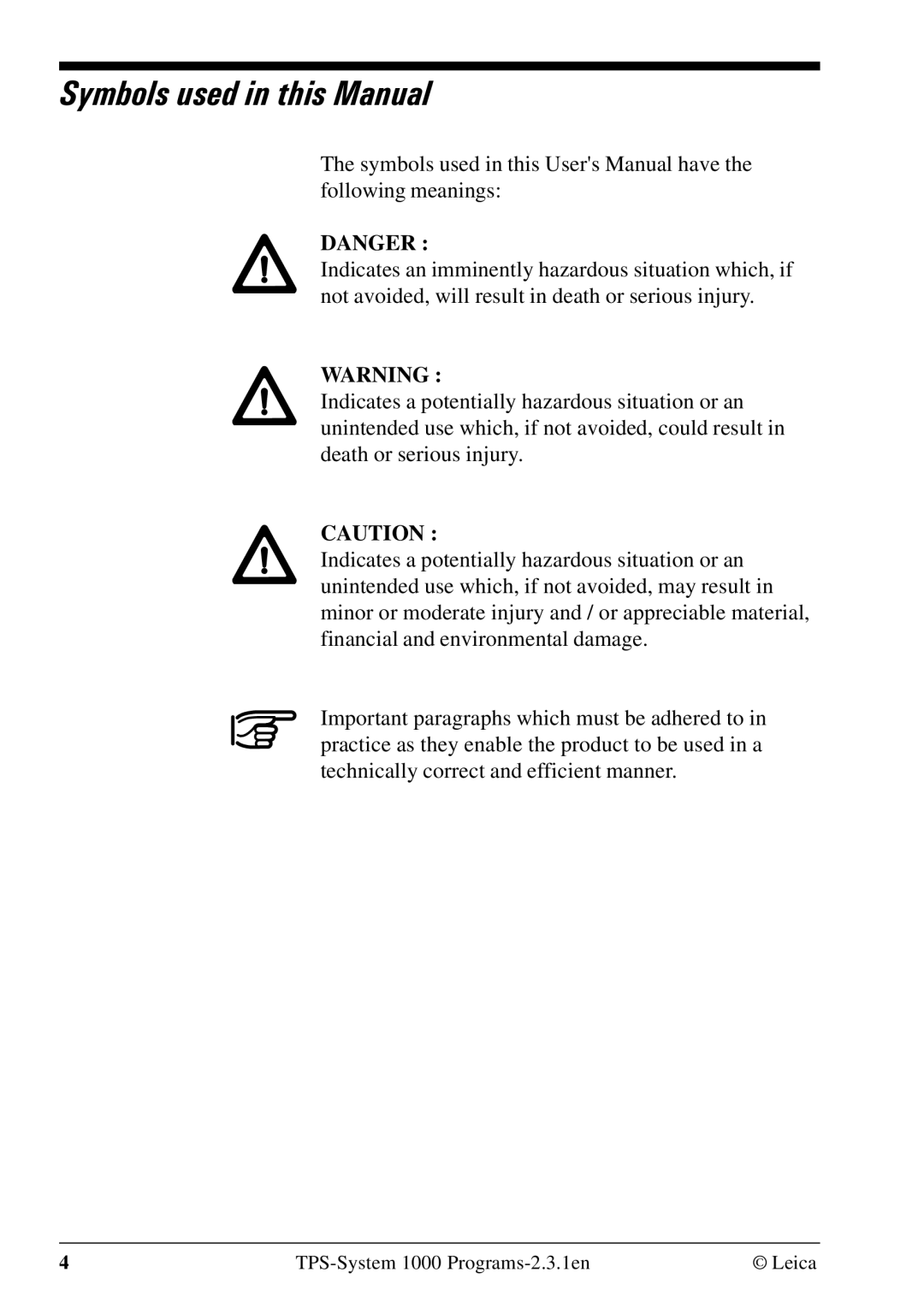 Leica 1000Z01 user manual Symbols used in this Manual 