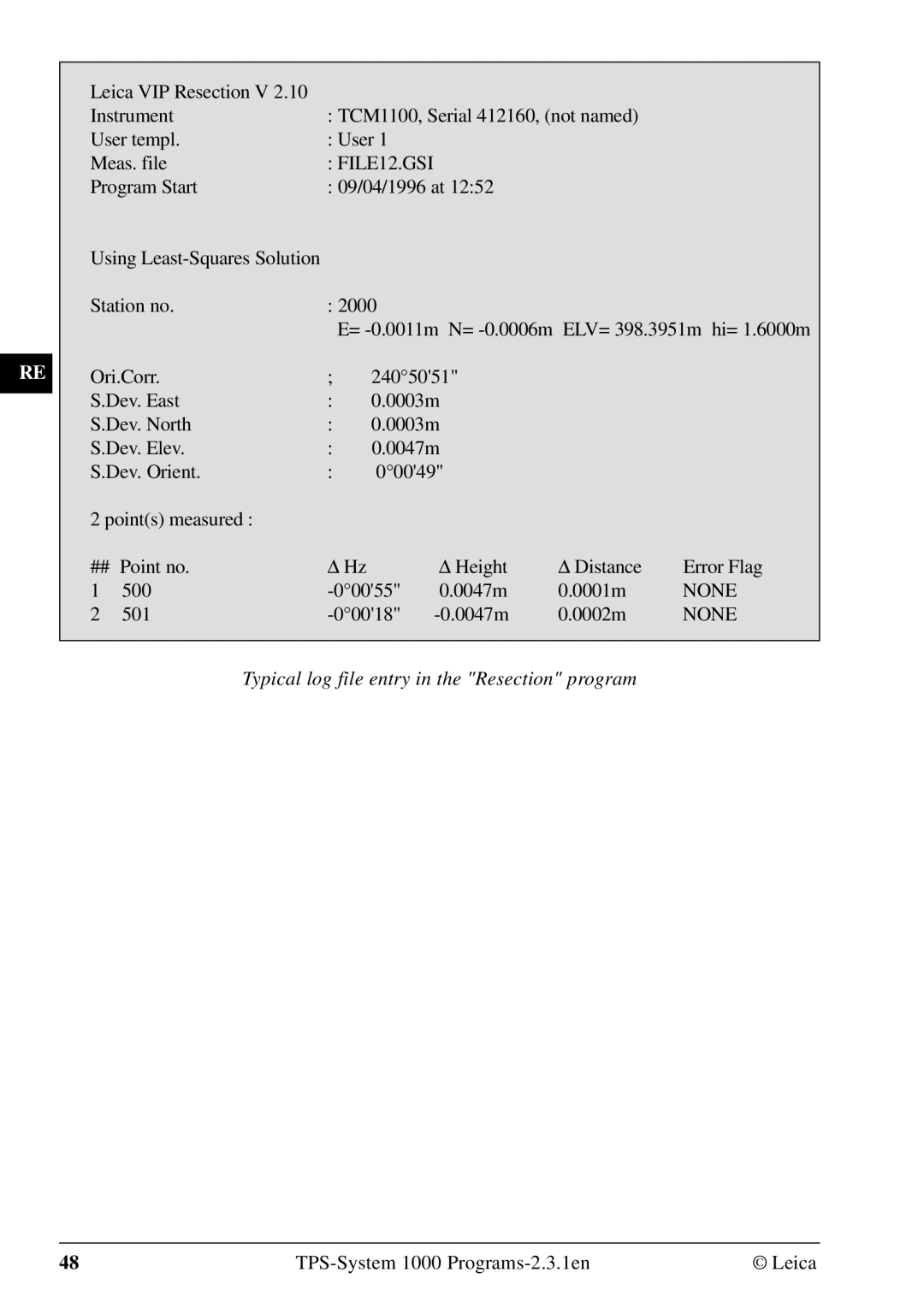 Leica 1000Z01 user manual Typical log file entry in the Resection program 