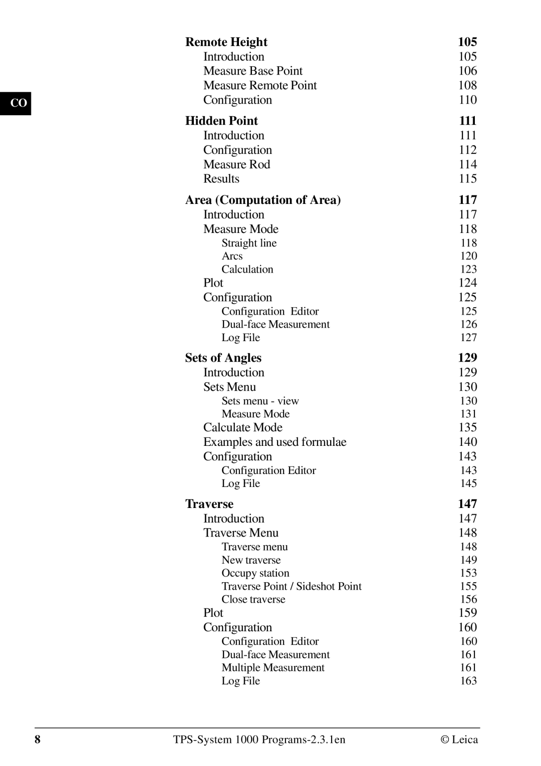 Leica 1000Z01 Remote Height 105, Hidden Point 111, Area Computation of Area 117, Sets of Angles 129, Traverse 147 