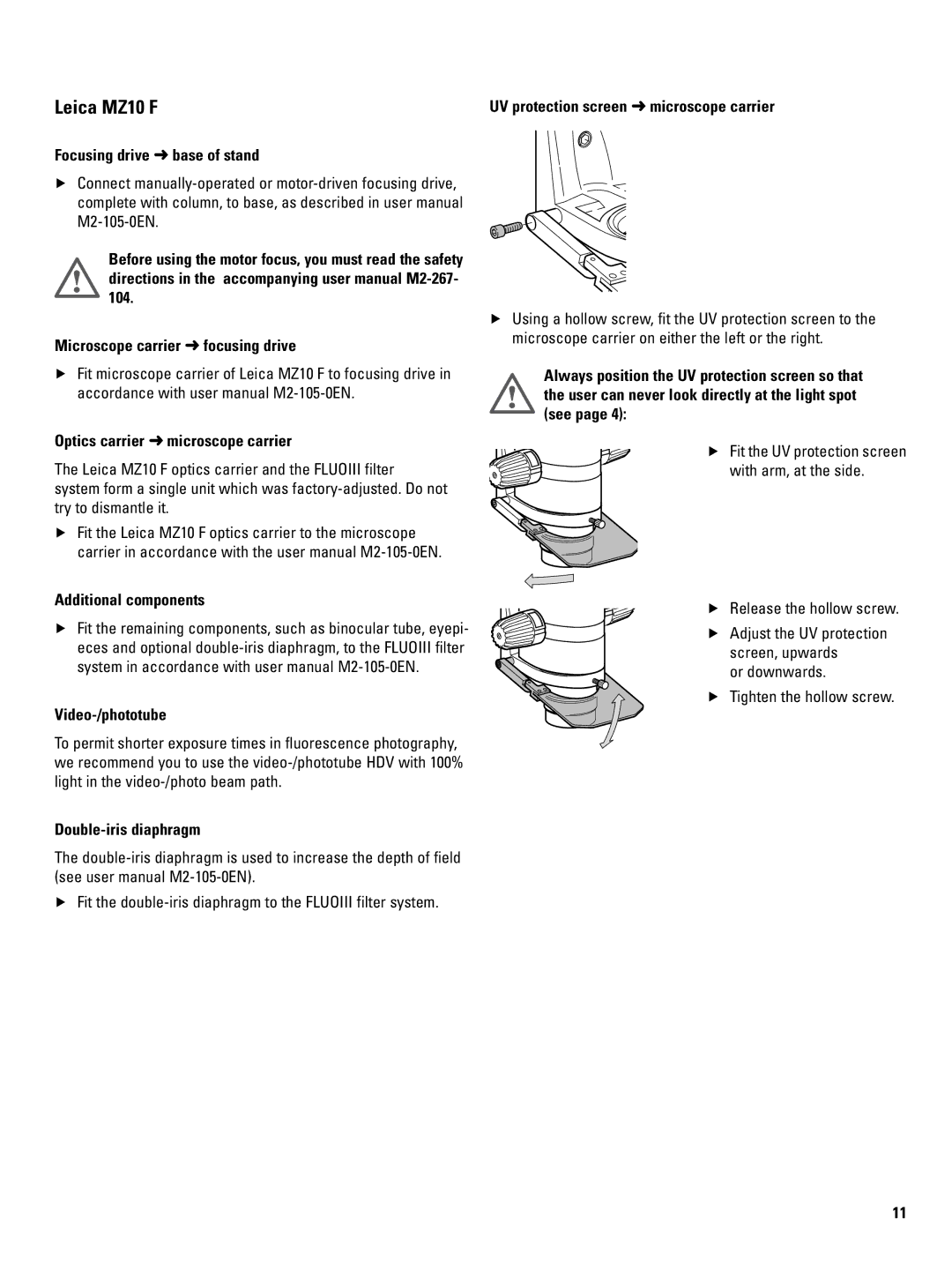 Leica 106Z user manual Leica MZ10 F, Additional components Video-/phototube, Double-iris diaphragm 