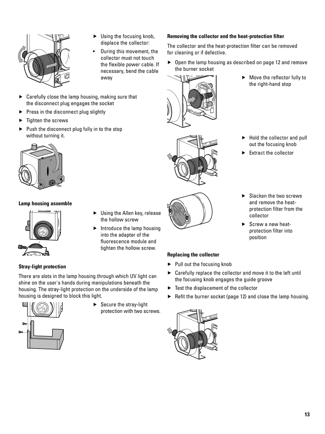 Leica 106Z user manual Lamp housing assemble, Stray-light protection, Removing the collector and the heat-protection filter 