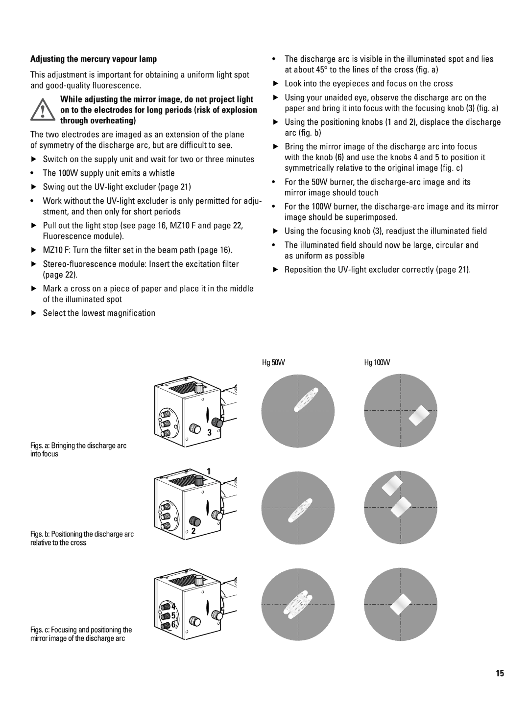 Leica 106Z user manual Adjusting the mercury vapour lamp, Figs.. a Bringing the discharge arc into focus 