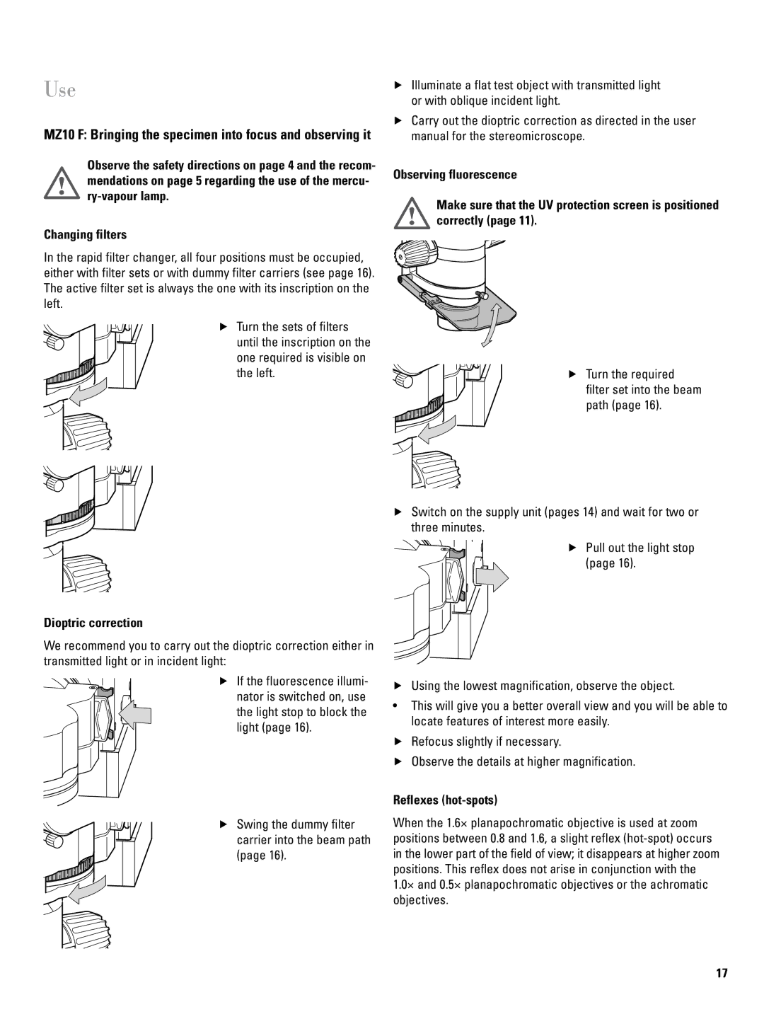 Leica 106Z user manual Use, Dioptric correction, Reflexes hot-spots 