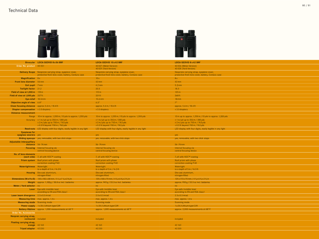 Leica 10x42 BRF Objective angle of view Close focusing distance, Distance measurement, Read-outs, Laser beam divergence 