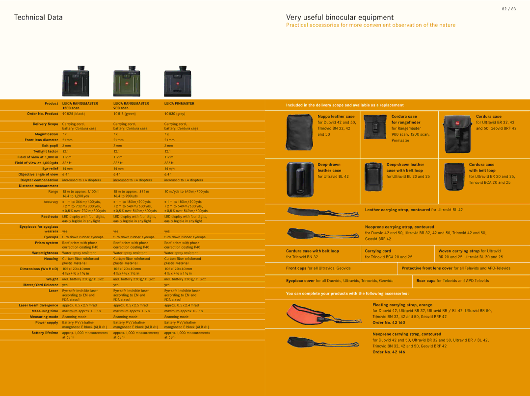 Leica 10x42 BRF manual Technical Data Very useful binocular equipment, Floating carrying strap, orange 