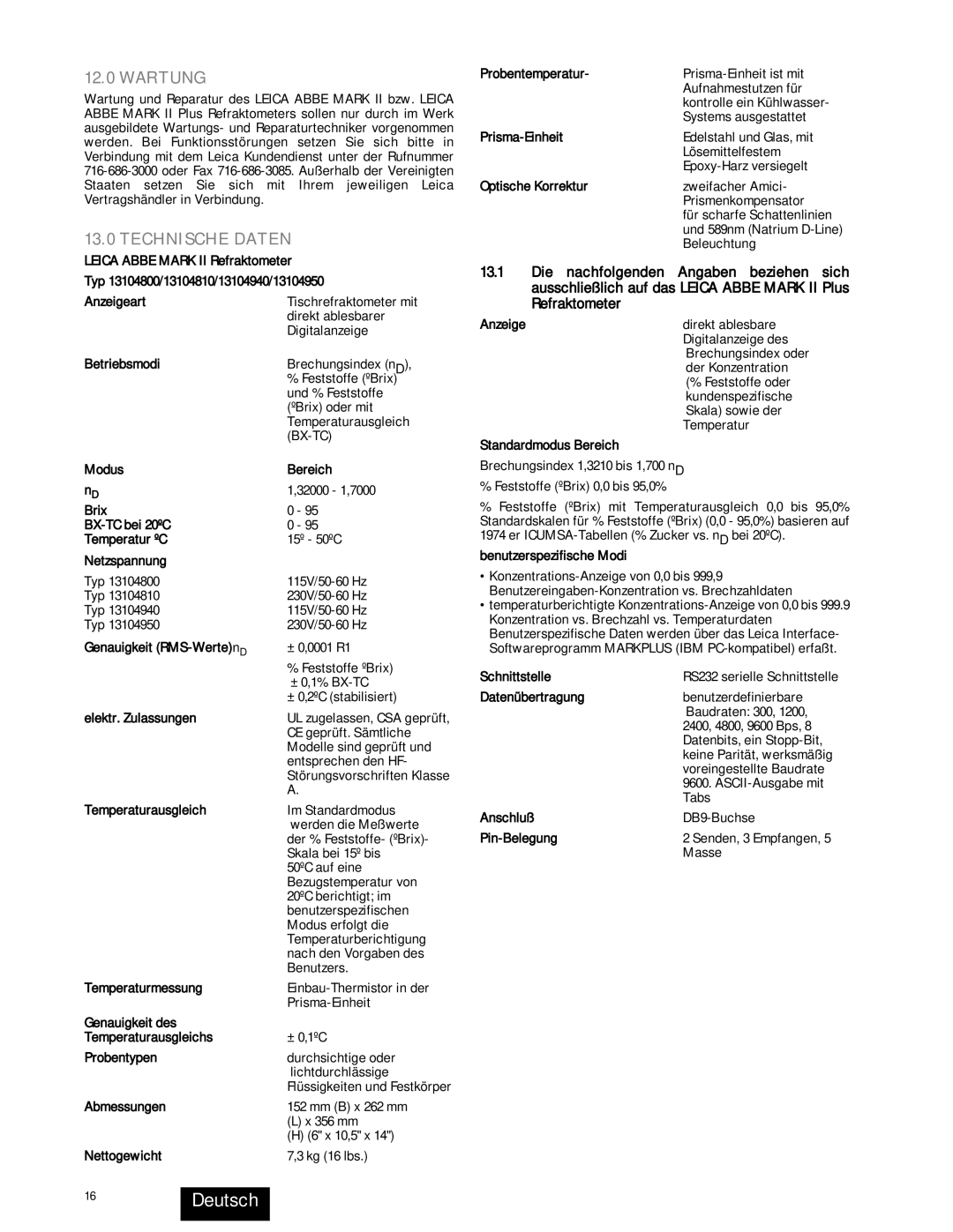 Leica 13104810, 13104940, 13104950, 13104800 instruction manual 16Deutsch, Wartung, Technische Daten 