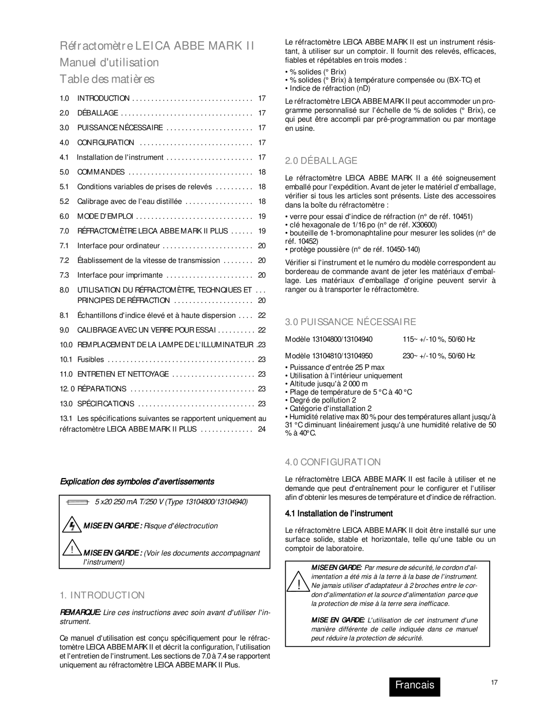 Leica 13104940, 13104810, 13104950 Francais17, Déballage, Puissance Nécessaire, Configuration, Installation de linstrument 