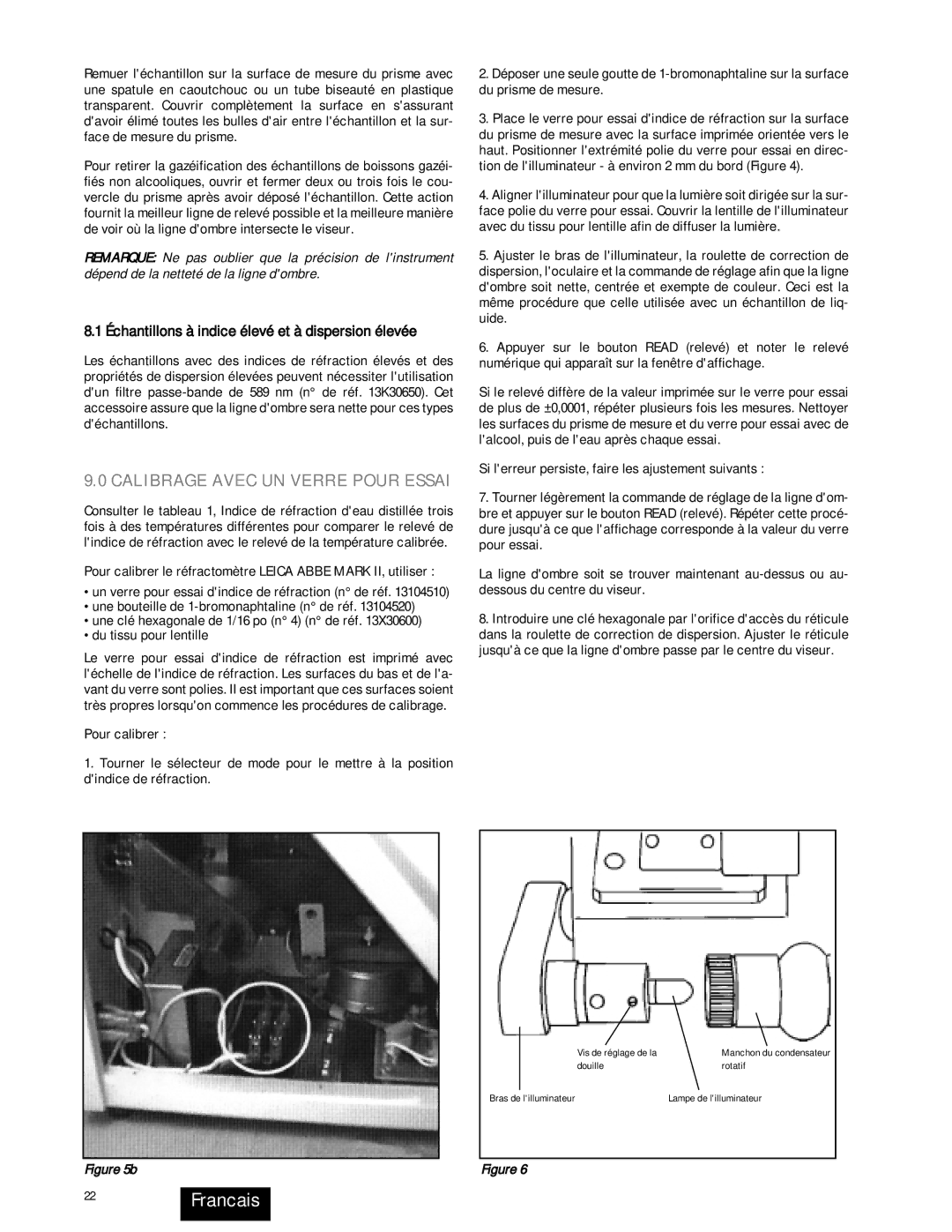 Leica 13104950, 13104810, 13104940, 13104800 instruction manual 22Francais, Échantillons à indice élevé et à dispersion élevée 