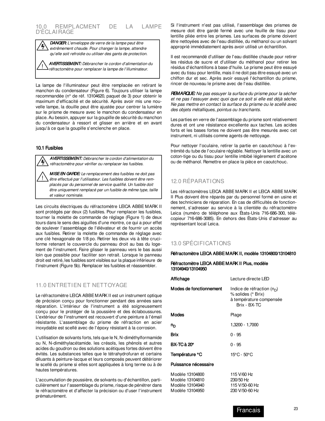 Leica 13104800, 13104810, 13104940 Francais23, Remplacment DE LA Lampe Déclairage, Entretien ET Nettoyage, 12.0 Réparations 