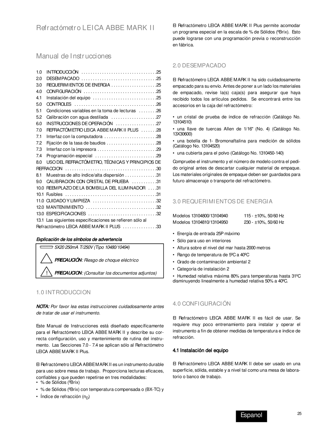 Leica 13104940, 13104810, 13104950, 13104800 Espanol25, Introduccion, Desempacado, Requerimientos DE Energia, Configuración 