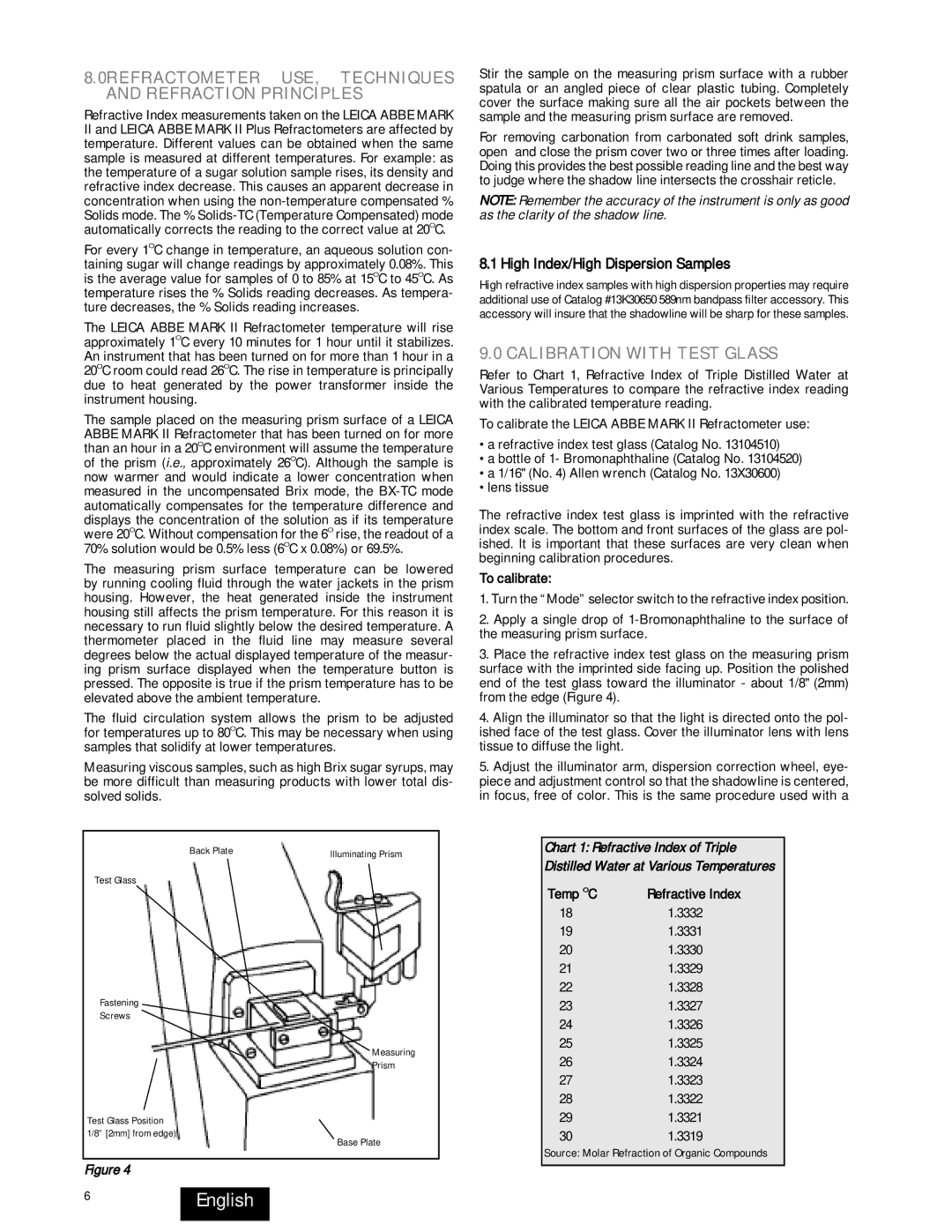 Leica 13104950, 13104810 6English, 0REFRACTOMETER USE, Techniques and Refraction Principles, Calibration with Test Glass 