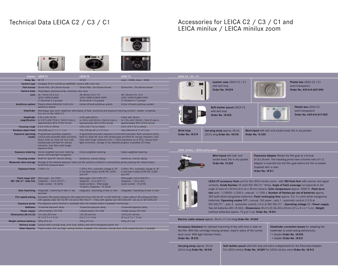 Leica 18069, 18141 manual Technical Data Leica C2 / C3 / C1, Leica minilux / Leica minilux zoom 