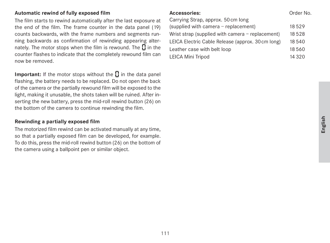 Leica 18141 manual Automatic rewind of fully exposed film, Rewinding a partially exposed film, Accessories, 111 