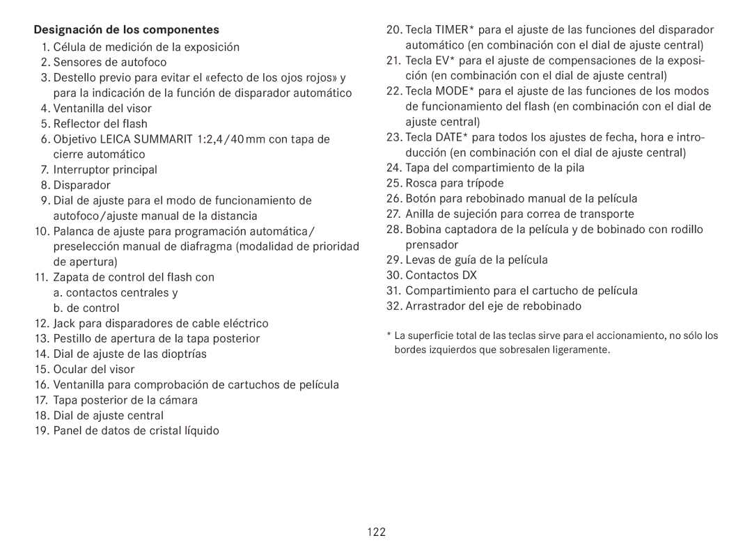 Leica 18141 manual Designación de los componentes, Célula de medición de la exposición Sensores de autofoco, 122 