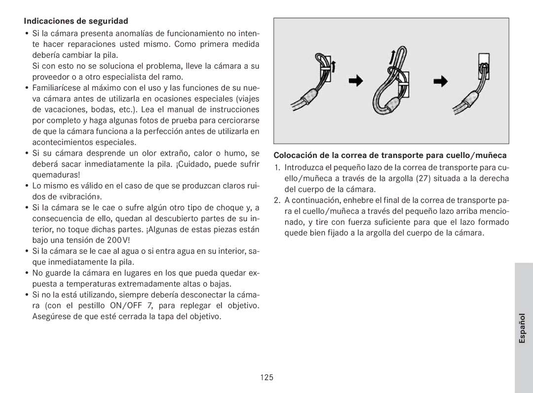 Leica 18141 manual Indicaciones de seguridad, Colocación de la correa de transporte para cuello/muñeca, 125 