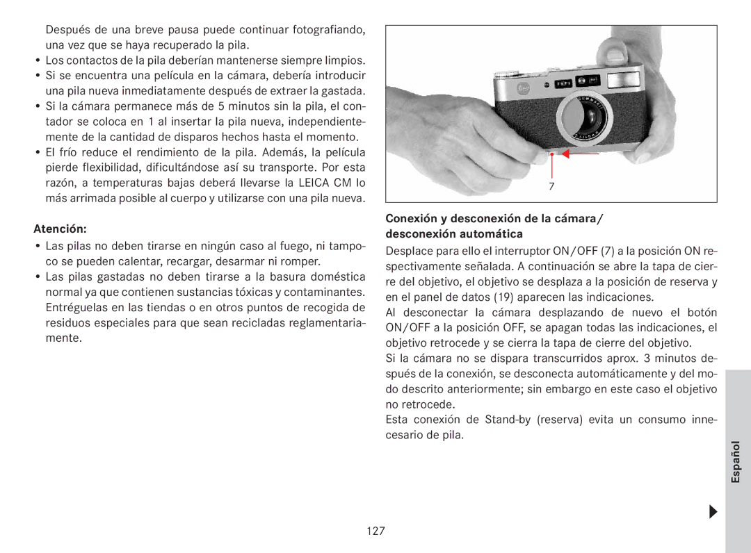 Leica 18141 manual Atención, Conexión y desconexión de la cámara/ desconexión automática, 127 