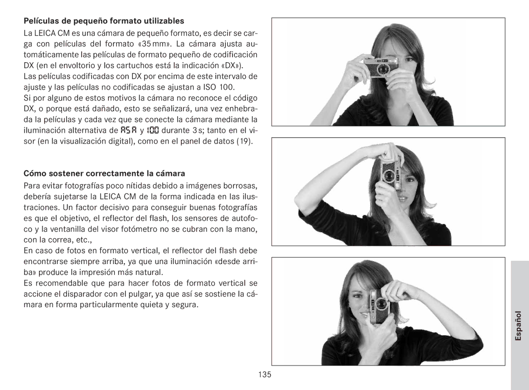 Leica 18141 manual Películas de pequeño formato utilizables, Cómo sostener correctamente la cámara, 135 