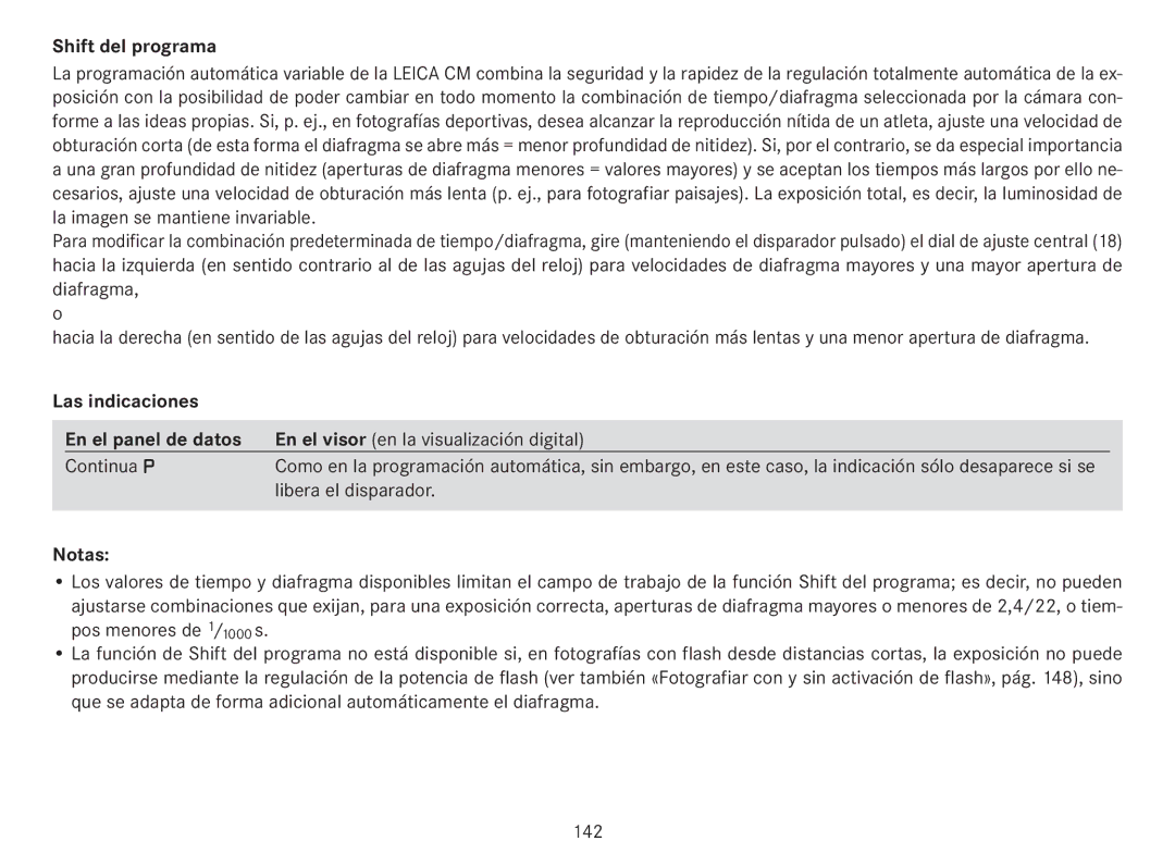 Leica 18141 manual Shift del programa, En el visor en la visualización digital Continua P, Libera el disparador 