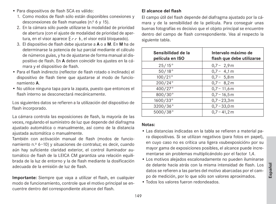 Leica 18141 manual El alcance del flash, Sensibilidad de la Intervalo máximo de Película en ISO 