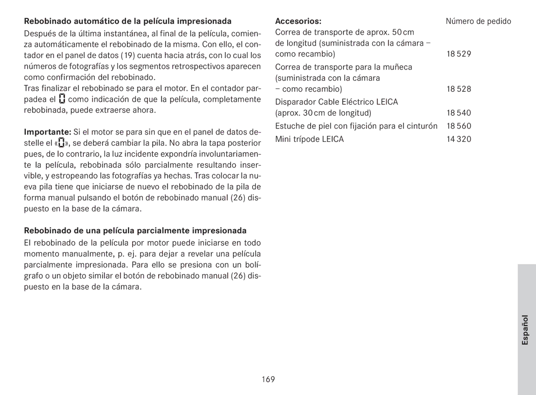 Leica 18141 manual Rebobinado automático de la película impresionada, Rebobinado de una película parcialmente impresionada 