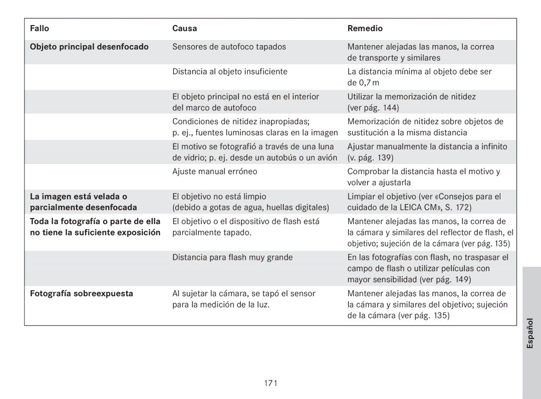 Leica 18141 manual Fallo Causa Remedio Objeto principal desenfocado, La imagen está velada o, Parcialmente desenfocada 