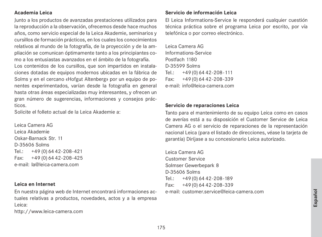 Leica 18141 manual Academia Leica, Leica en Internet, Servicio de información Leica, Servicio de reparaciones Leica, 175 