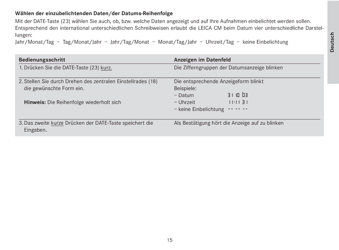 Leica 18141 manual Wählen der einzubelichtenden Daten/der Datums-Reihenfolge, Bedienungsschritt Anzeigen im Datenfeld 