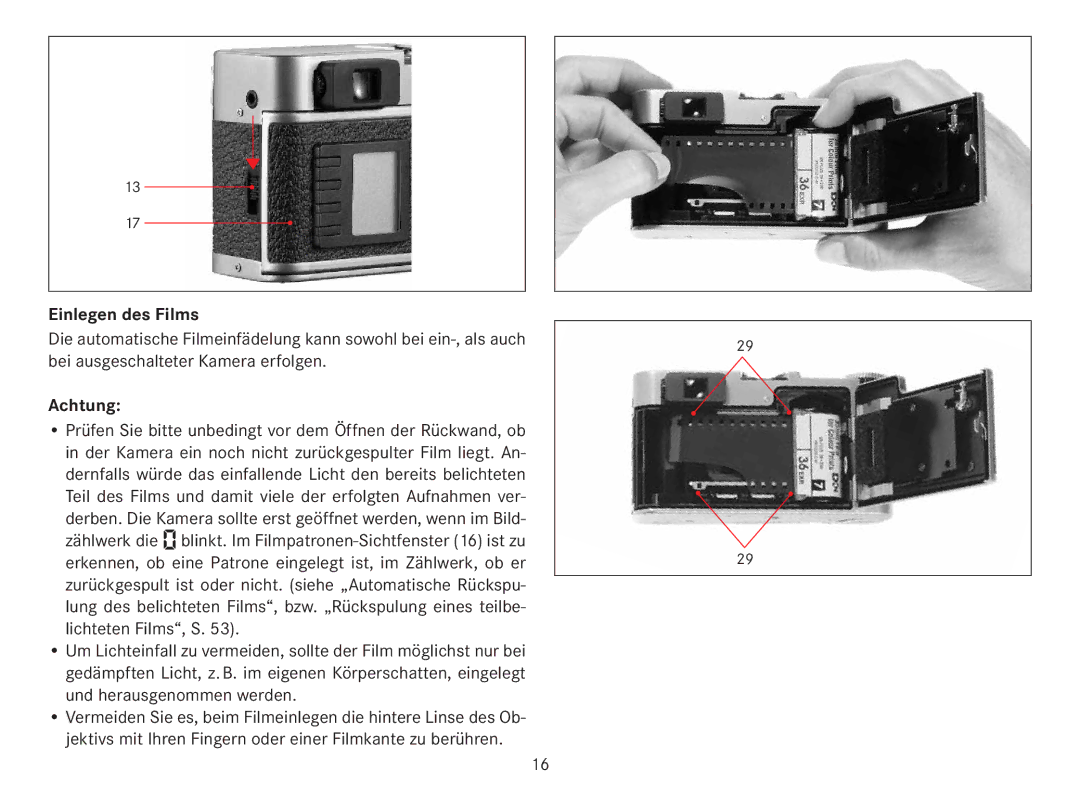 Leica 18141 manual Einlegen des Films, Achtung 