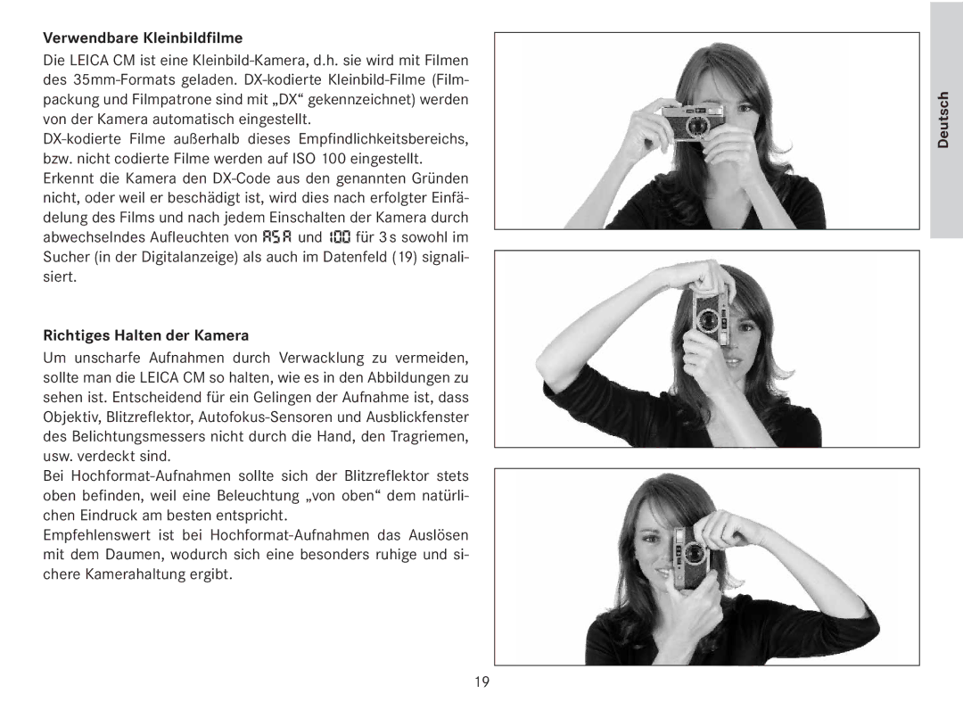 Leica 18141 manual Verwendbare Kleinbildfilme, Richtiges Halten der Kamera 